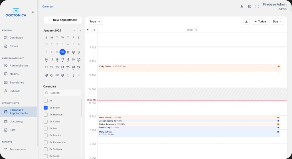 Doctonica clinic admin dashboard with calendar of appointments